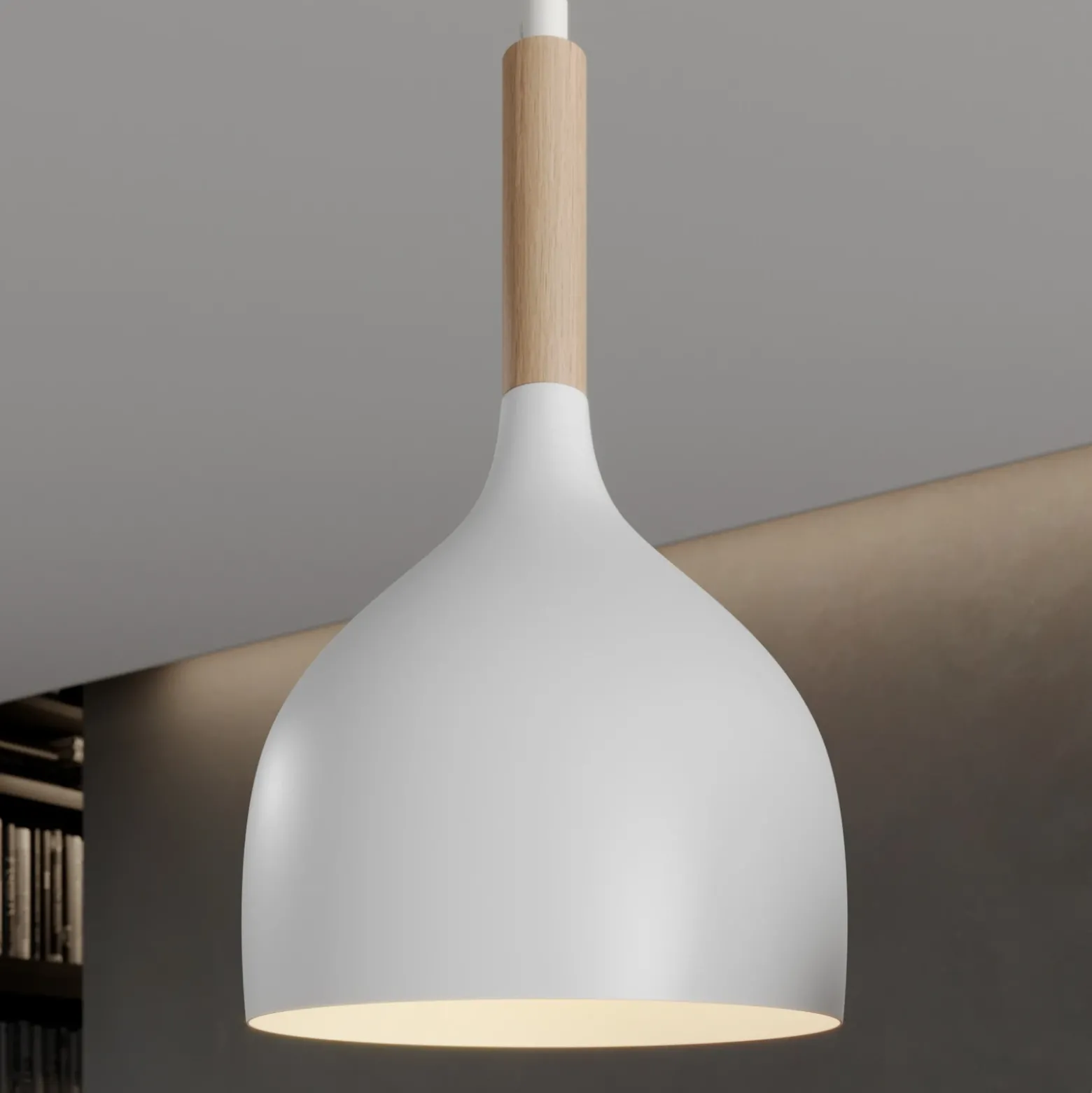 Lámpara colgante Noak, blanco/madera natural, 3 luces larga
