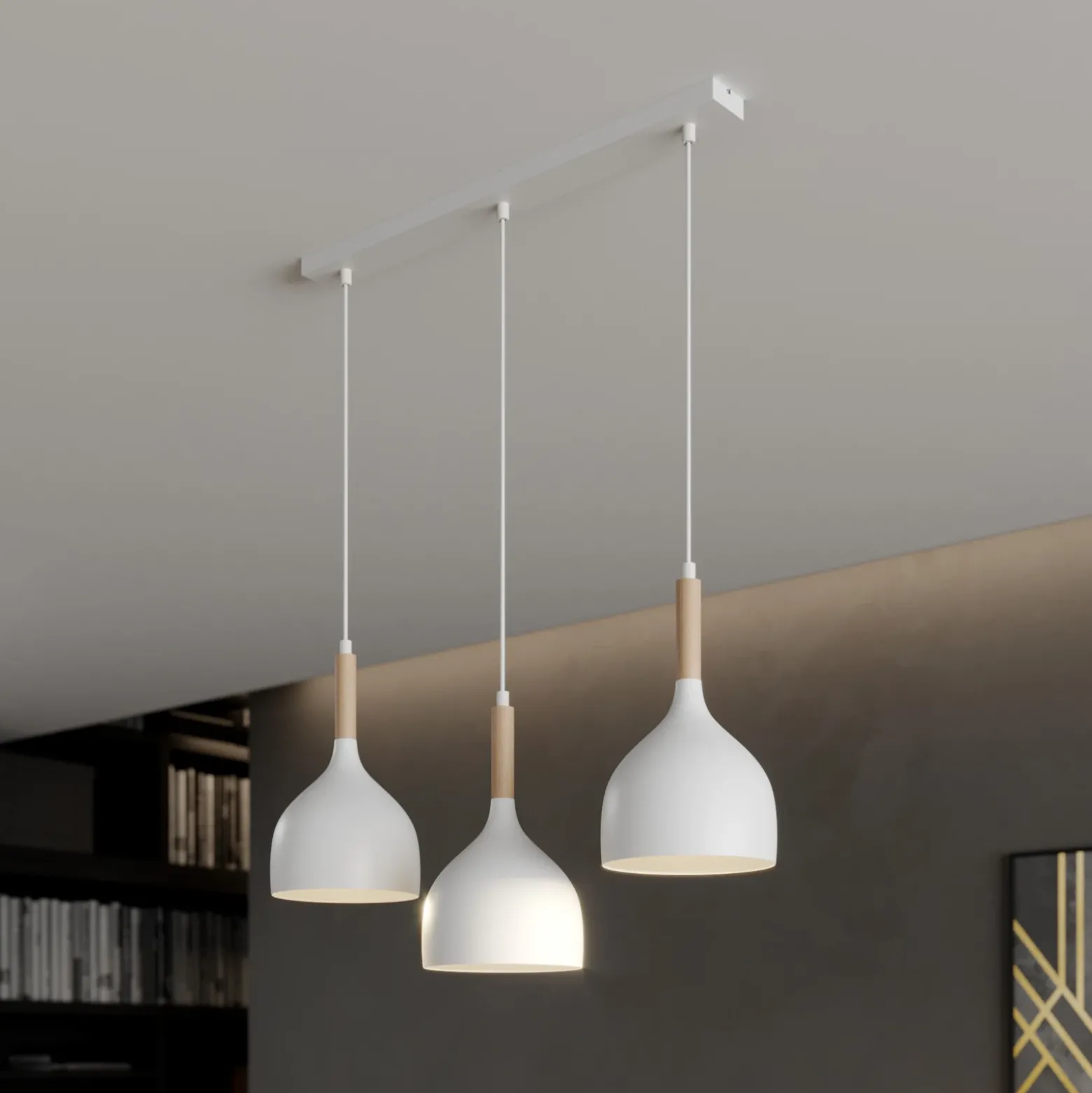 Lámpara colgante Noak, blanco/madera natural, 3 luces larga