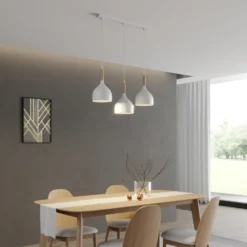 Lámpara colgante Noak, blanco/madera natural, 3 luces larga