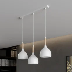 Lámpara colgante Noak, blanco/madera natural, 3 luces larga