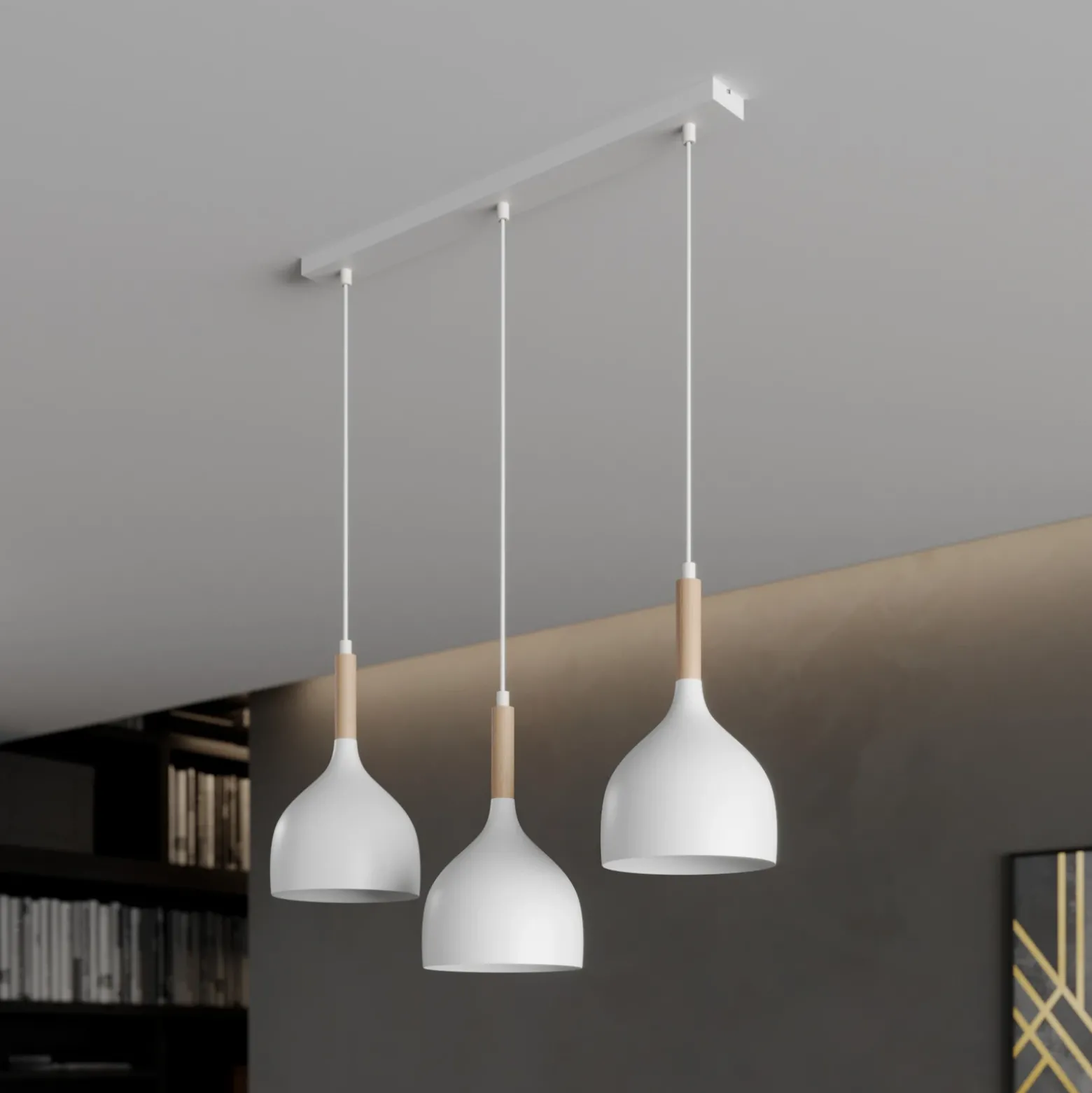Lámpara colgante Noak, blanco/madera natural, 3 luces larga