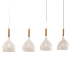Lámpara colgante Noak, blanco/madera natural, 4 luces larga