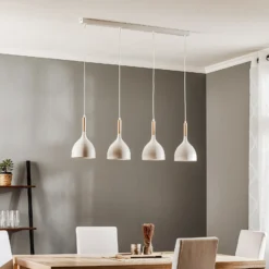 Lámpara colgante Noak, blanco/madera natural, 4 luces larga