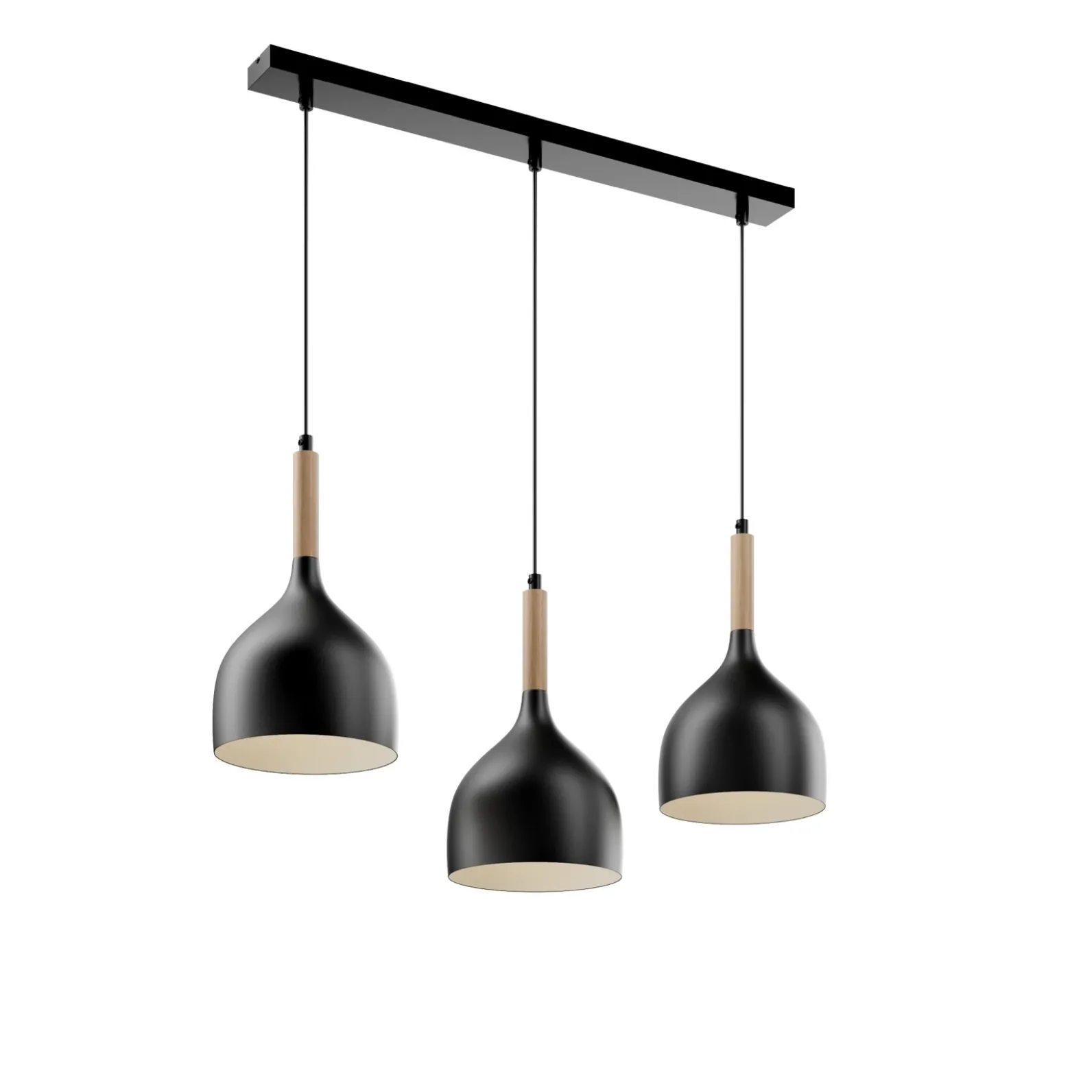 Lámpara colgante Noak de 3 luces, larga, negra/madera natural