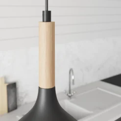 Lámpara colgante Noak de 3 luces, larga, negra/madera natural