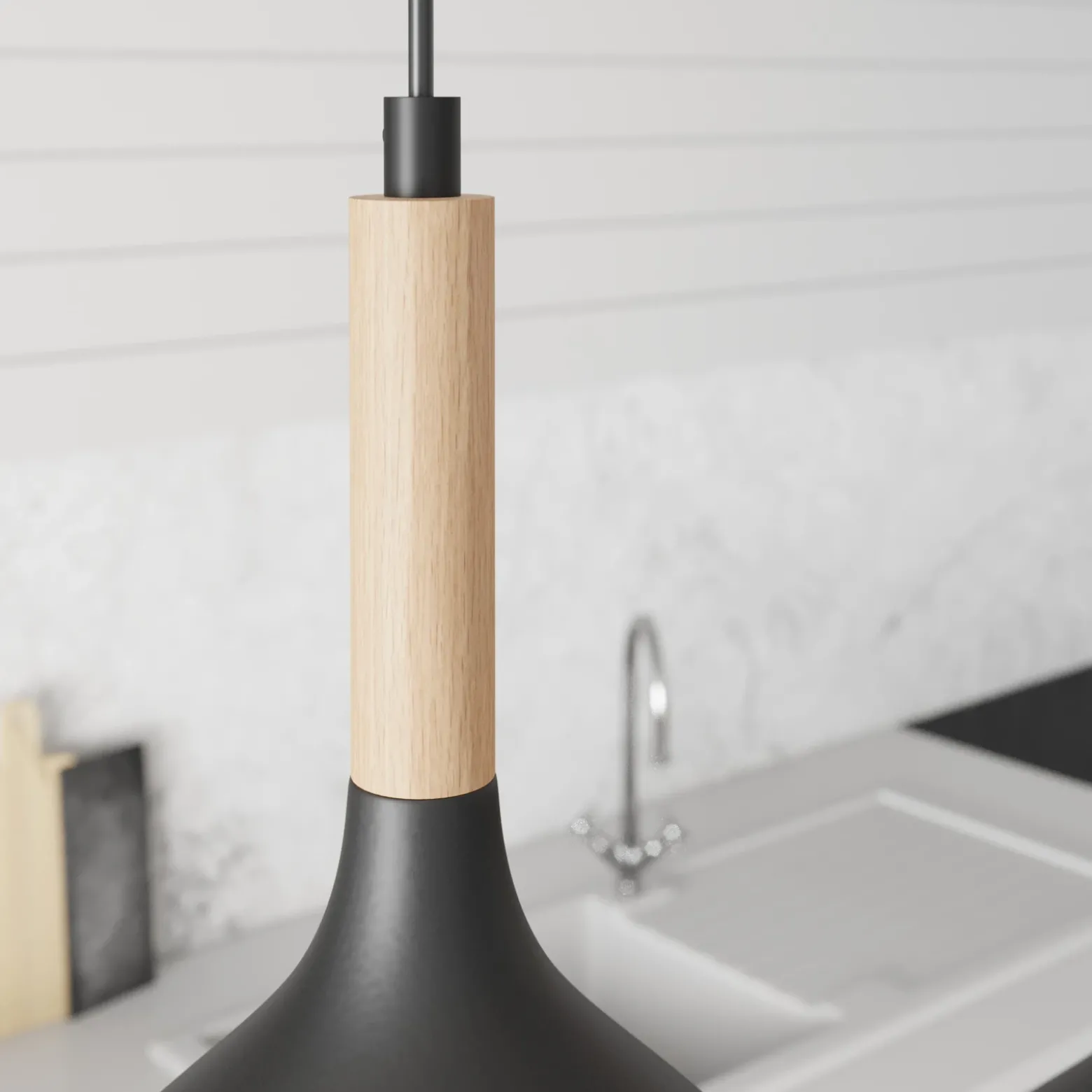 Lámpara colgante Noak de 3 luces, larga, negra/madera natural