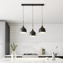 Lámpara colgante Noak de 3 luces, larga, negra/madera natural