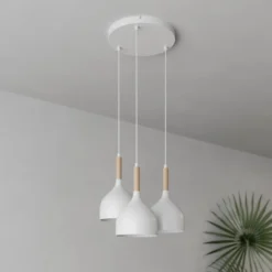 Lámpara colgante Noak 3 luces redonda blanco/madera natural