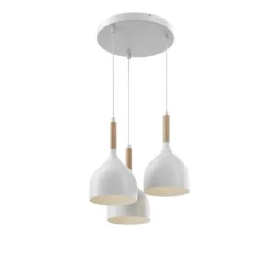 Lámpara colgante Noak 3 luces redonda blanco/madera natural