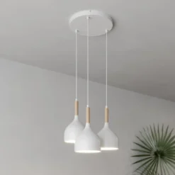 Lámpara colgante Noak 3 luces redonda blanco/madera natural
