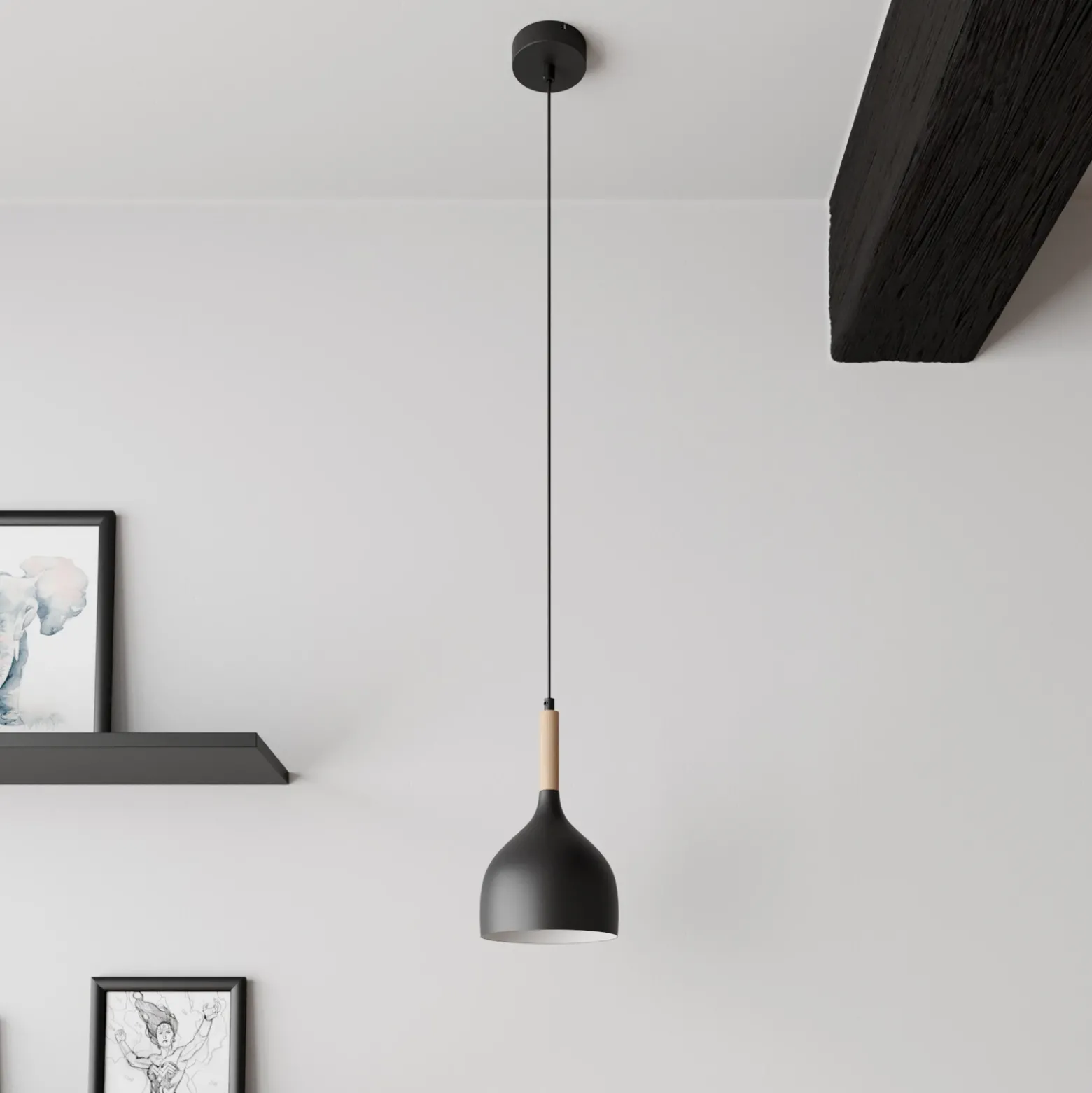 Lámpara colgante Noak, negro/madera natural, Ø 17 cm