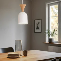 Lámpara colgante Nolan, Ø 11 cm, blanco/roble, metal/madera
