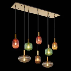 Lámpara colgante Normy, longitud 125 cm, colorida, cristal, 8 luces.
