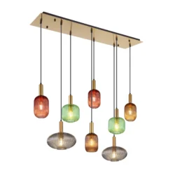 Lámpara colgante Normy, longitud 125 cm, colorida, cristal, 8 luces.