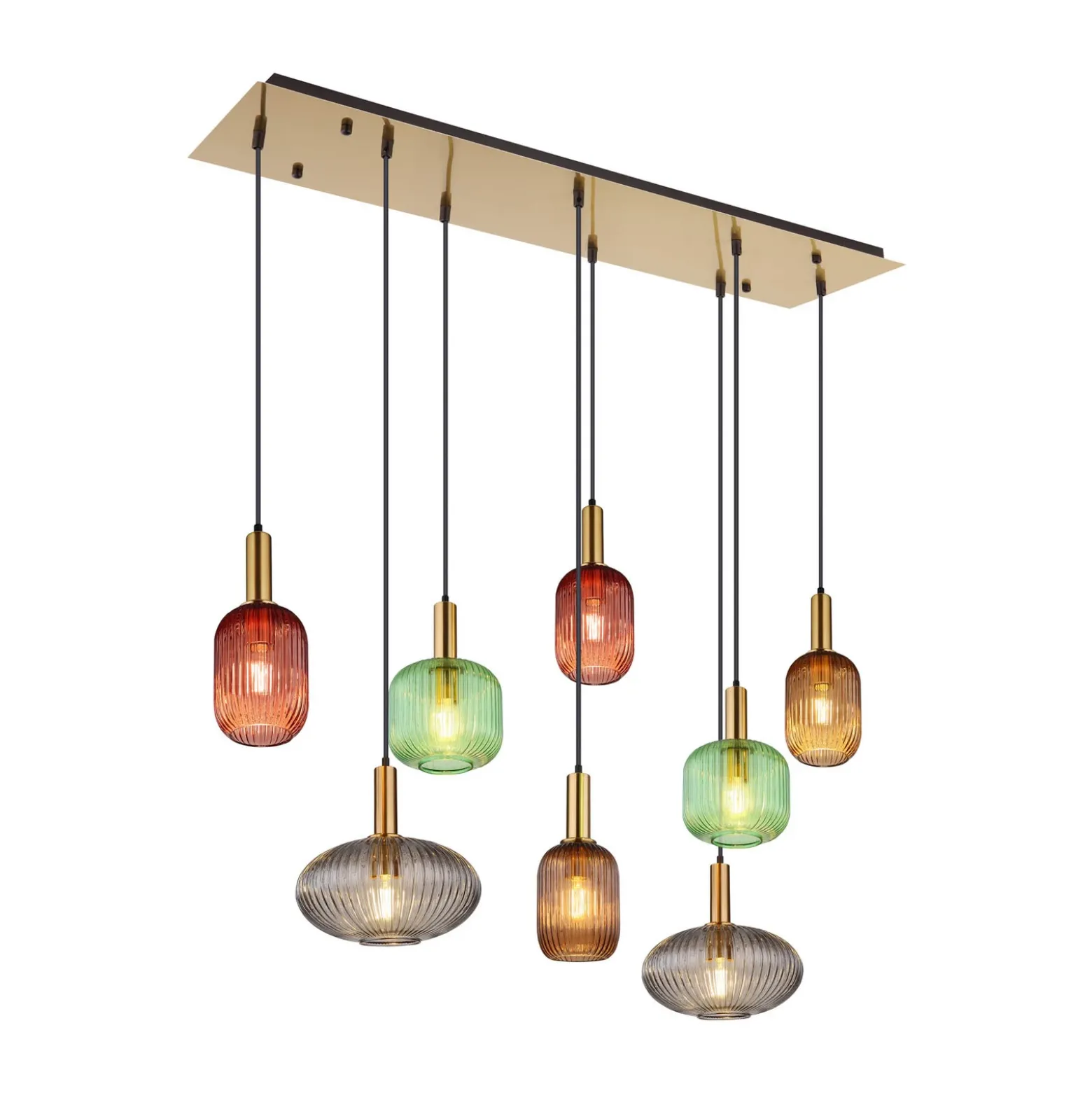Lámpara colgante Normy, longitud 125 cm, colorida, cristal, 8 luces.