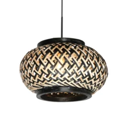 Lámpara colgante NoxLight, 1 luz, negra, con trenzado de bambú
