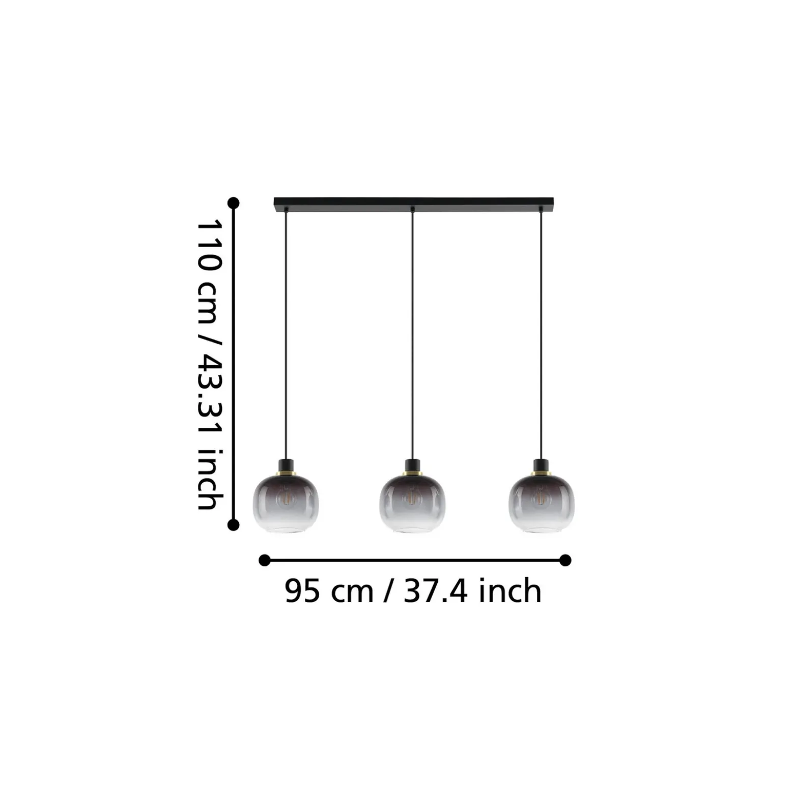 Lámpara colgante Oilella, negro-gris, longitud 95 cm, cristal, 3 luces.