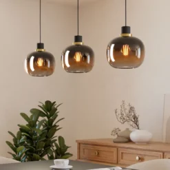 Lámpara colgante Oilella, negro-marrón, longitud 95 cm, cristal, 3 luces.