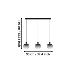 Lámpara colgante Oilella, negro-gris, longitud 95 cm, cristal, 3 luces.