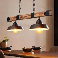Lámpara colgante Oldbury, negro/madera oscura, longitud 86 cm, 2 luces.