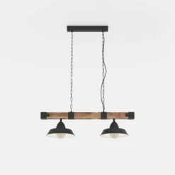 Lámpara colgante Oldbury, negro/madera oscura, longitud 86 cm, 2 luces.