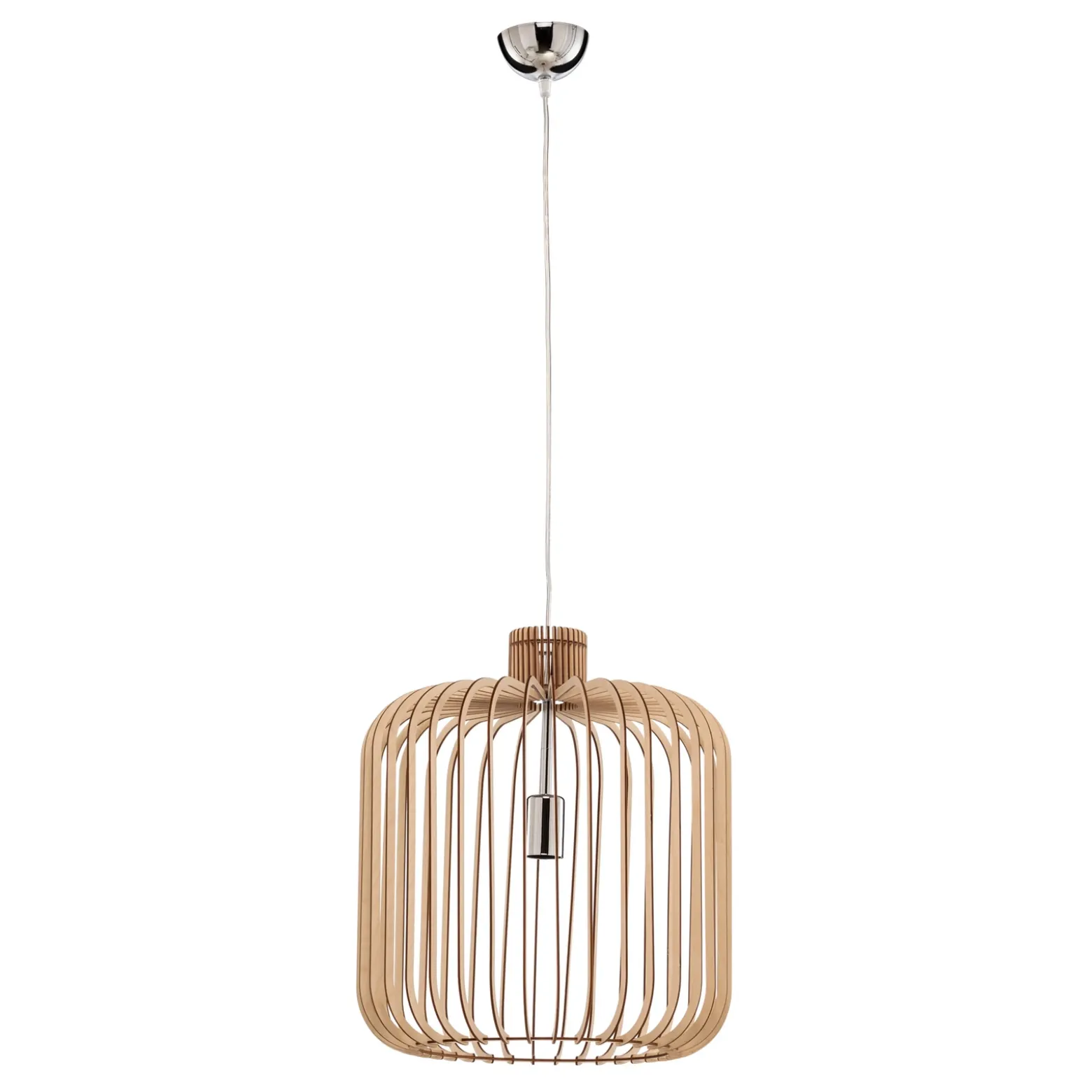 Lámpara colgante Paz cromada, cilindro con láminas de madera Ø 45 cm