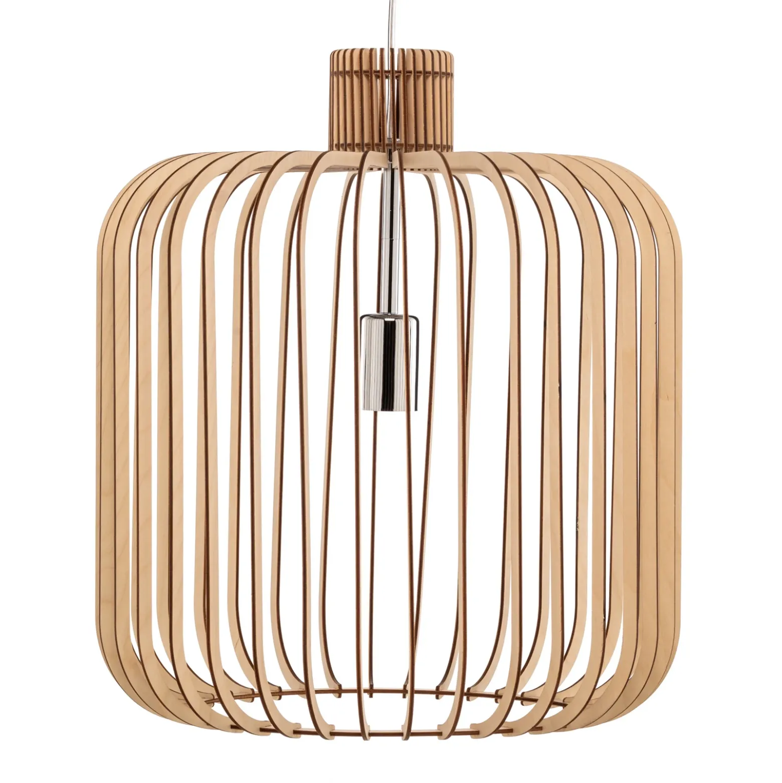 Lámpara colgante Paz cromada, cilindro con láminas de madera Ø 45 cm