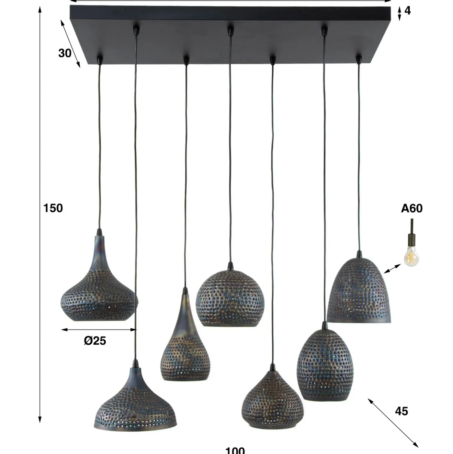 Lámpara colgante Punchray, 7 luces, mezcla formas