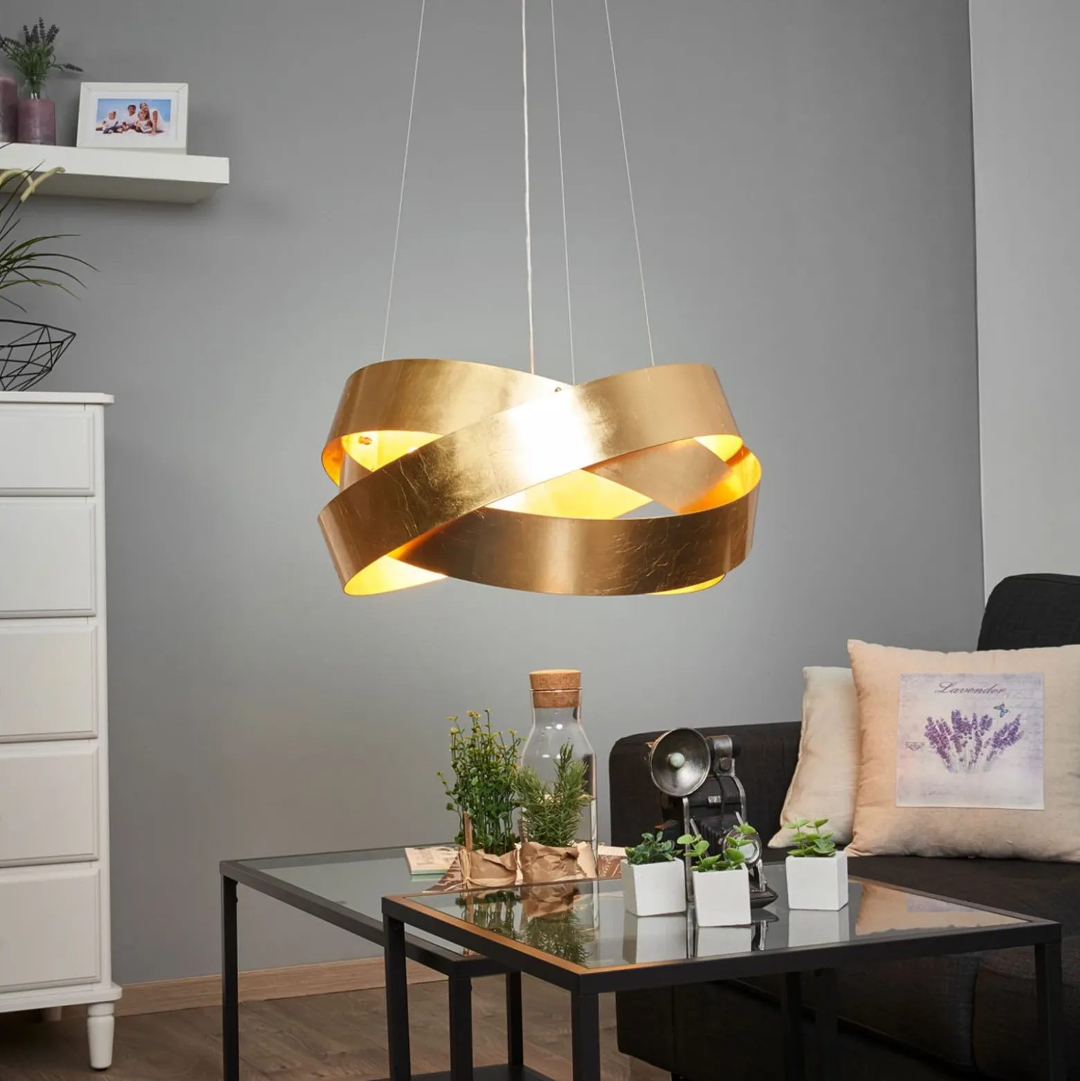 Lámpara colgante Pura con pan de oro, 60 cm, 8x G9