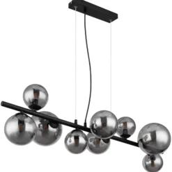Lámpara colgante Riha, longitud 87 cm, negro/color humo, 9 luces.