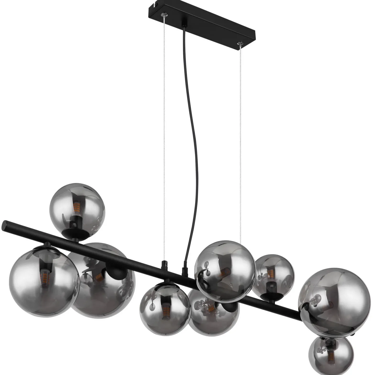 Lámpara colgante Riha, longitud 87 cm, negro/color humo, 9 luces.