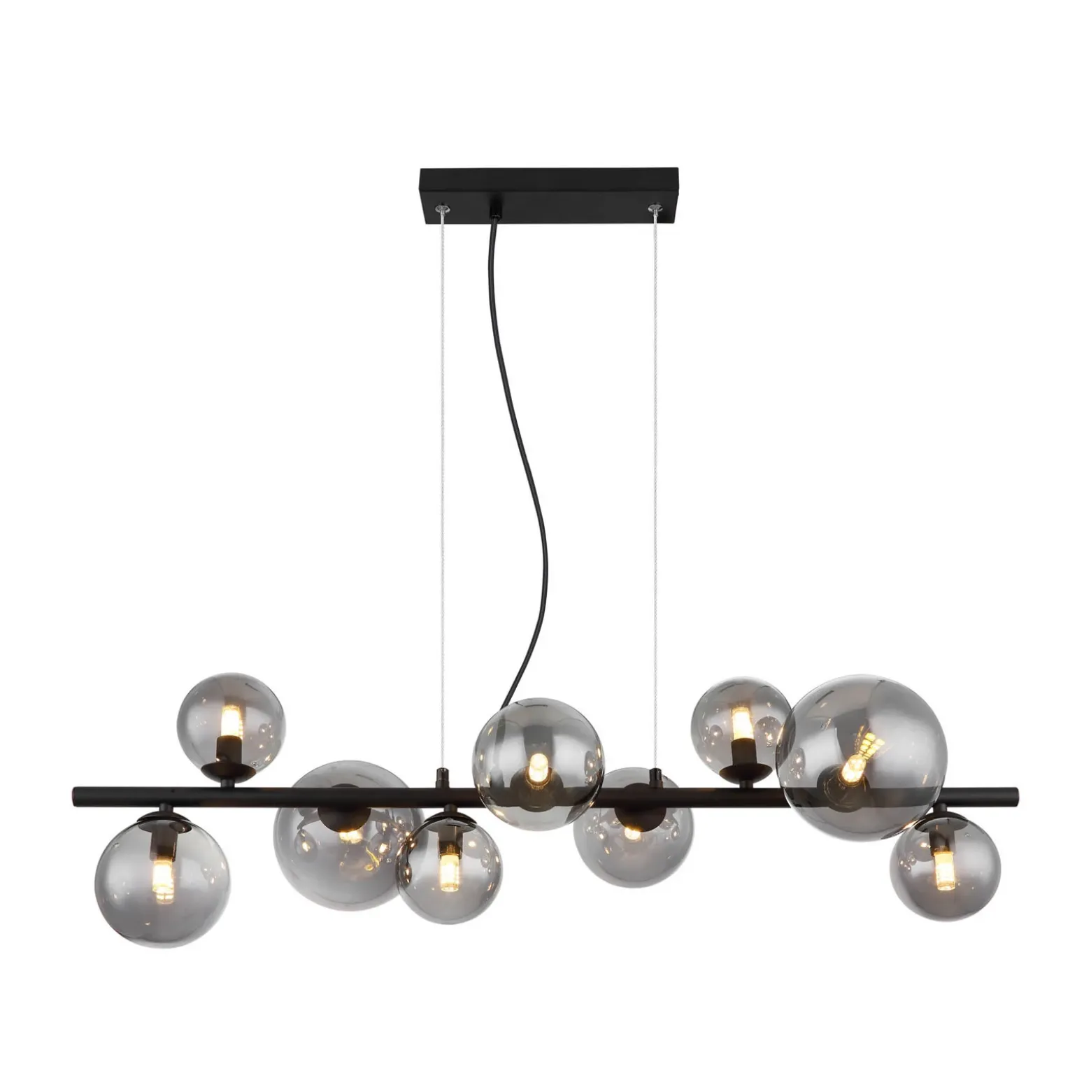 Lámpara colgante Riha, longitud 87 cm, negro/color humo, 9 luces.