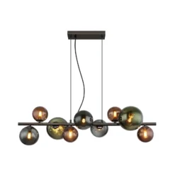 Lámpara colgante Riha, longitud 86 cm, negro/gris humo, 9 luces.
