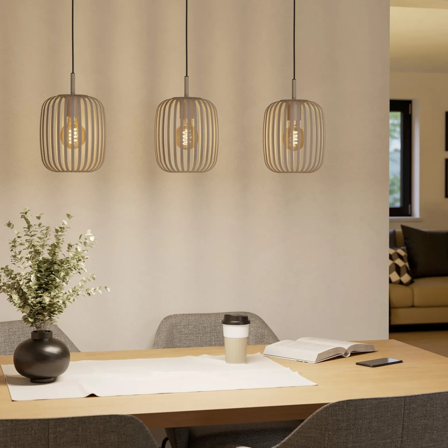 Lámpara colgante Romazzina, beige, longitud 90 cm, 3 luces, metal