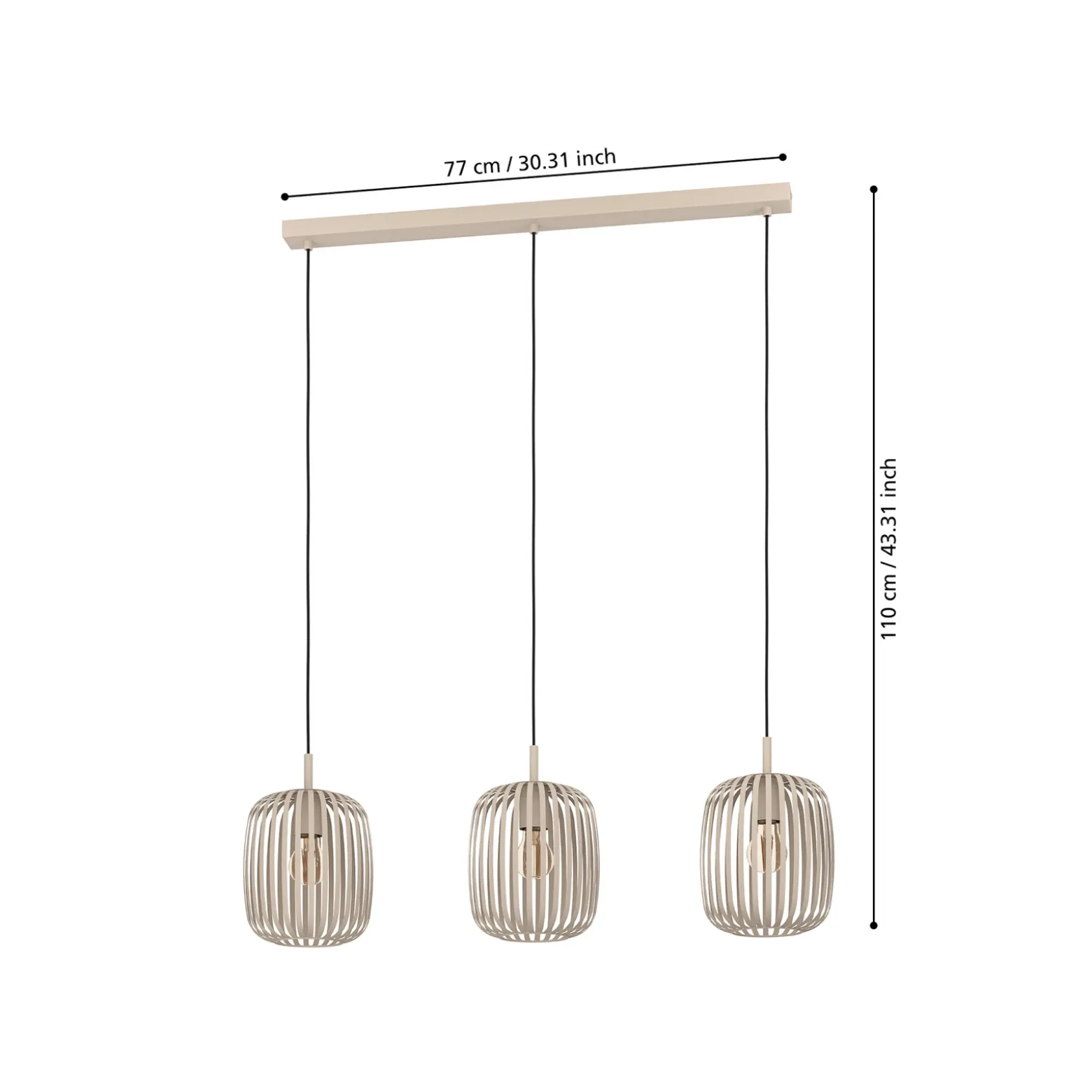Lámpara colgante Romazzina, beige, longitud 90 cm, 3 luces, metal