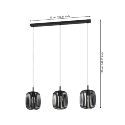 Lámpara colgante Romazzina, negra, longitud 90 cm, 3 luces, metal