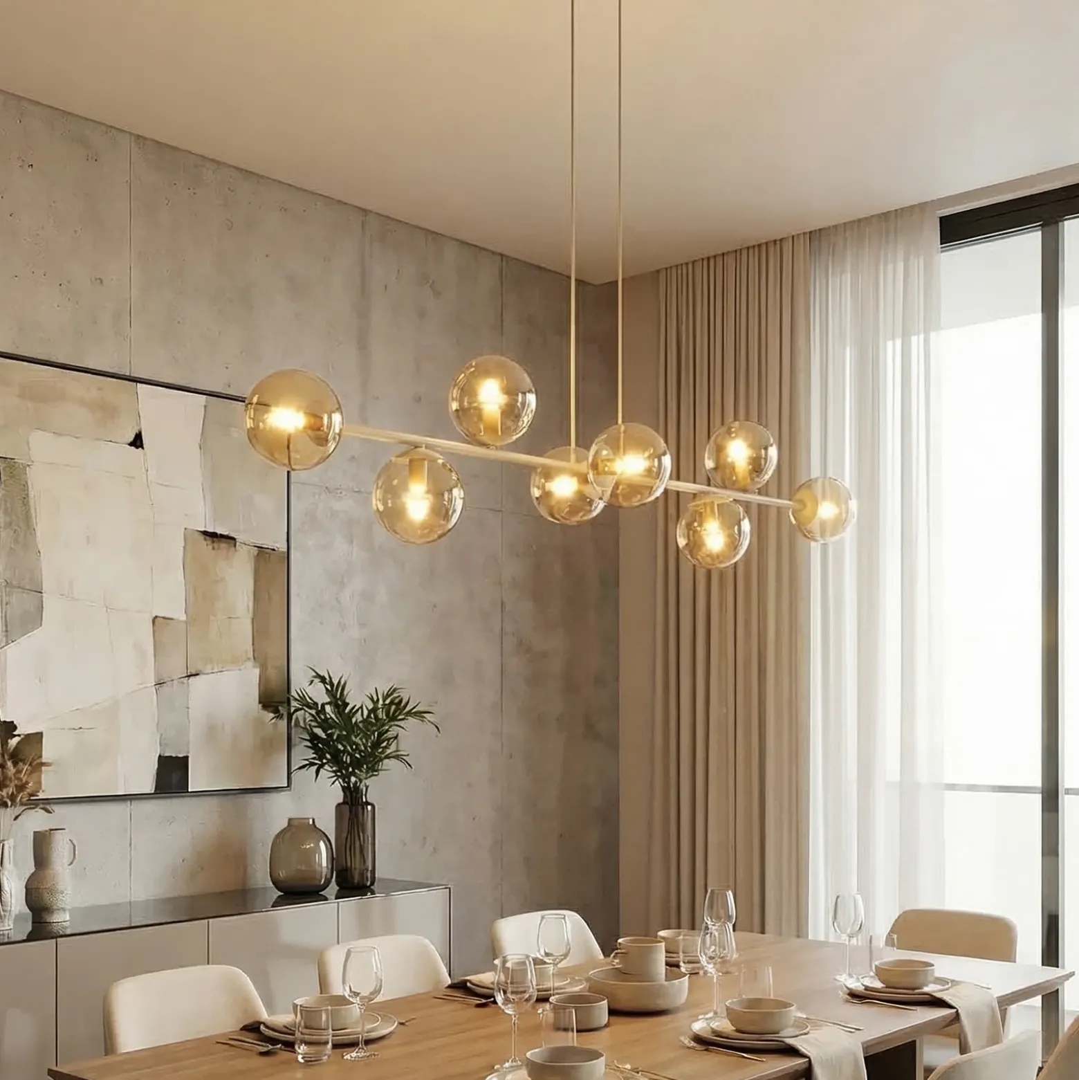 Lámpara colgante Rossi, color beige, longitud 130 cm, 8 luces, cristal/metal