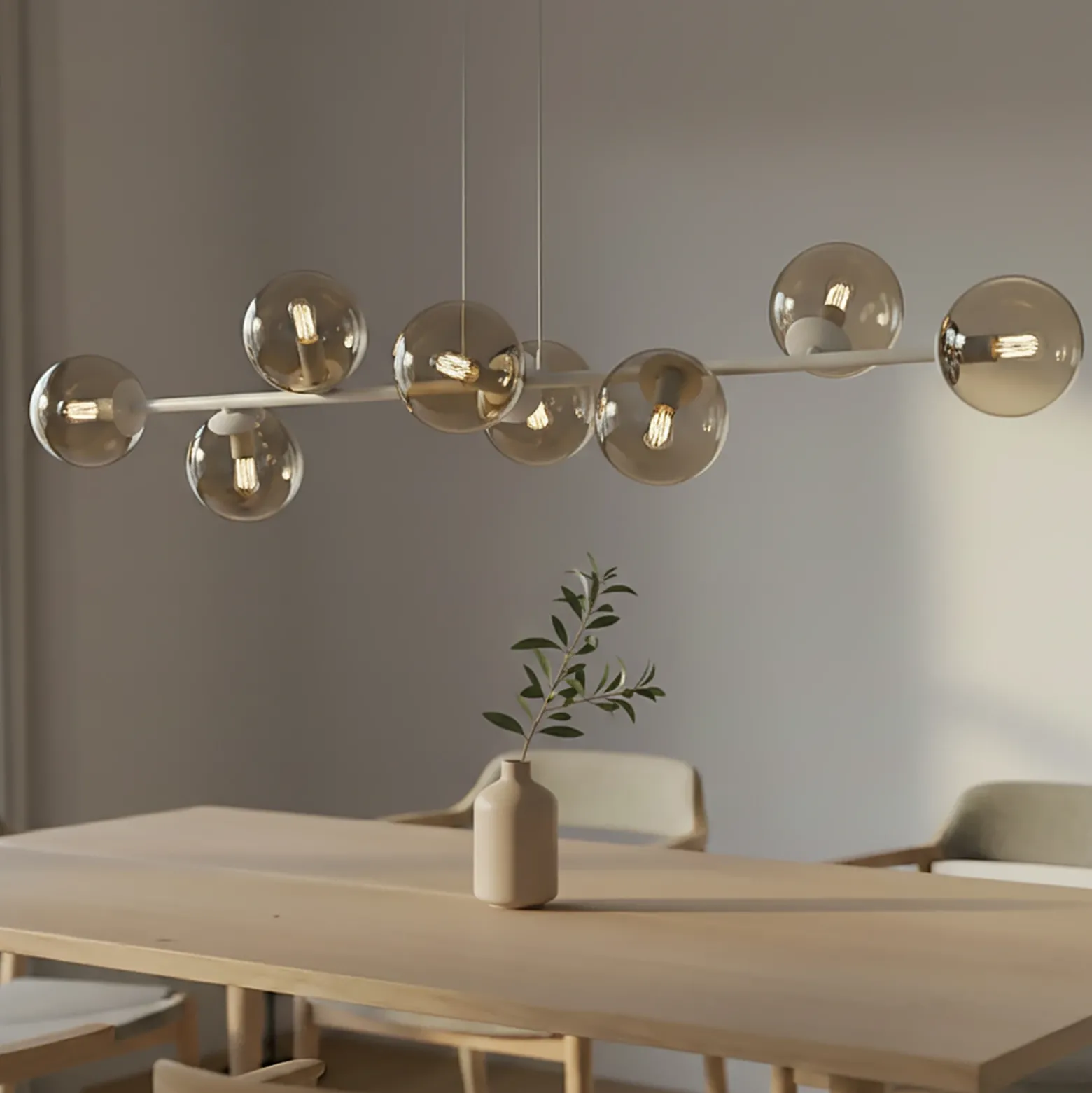 Lámpara colgante Rossi, color beige, longitud 130 cm, 8 luces, cristal/metal