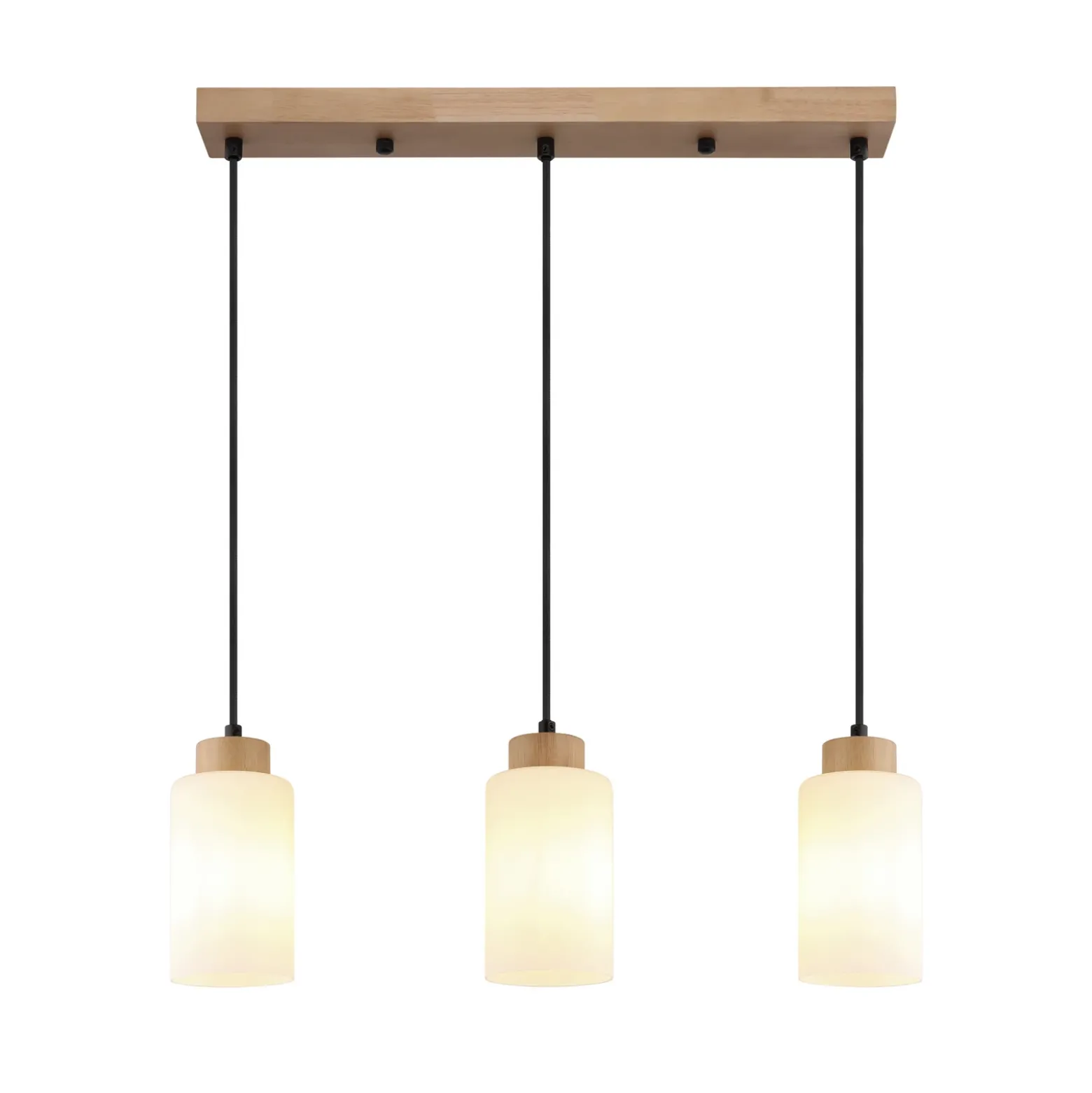 Lámpara colgante Rowena, madera clara/blanca, cristal, 3 luces, E27