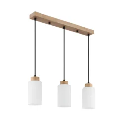 Lámpara colgante Rowena, madera clara/blanca, cristal, 3 luces, E27