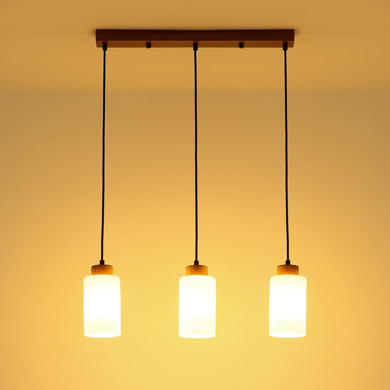 Lámpara colgante Rowena, madera clara/blanca, cristal, 3 luces, E27