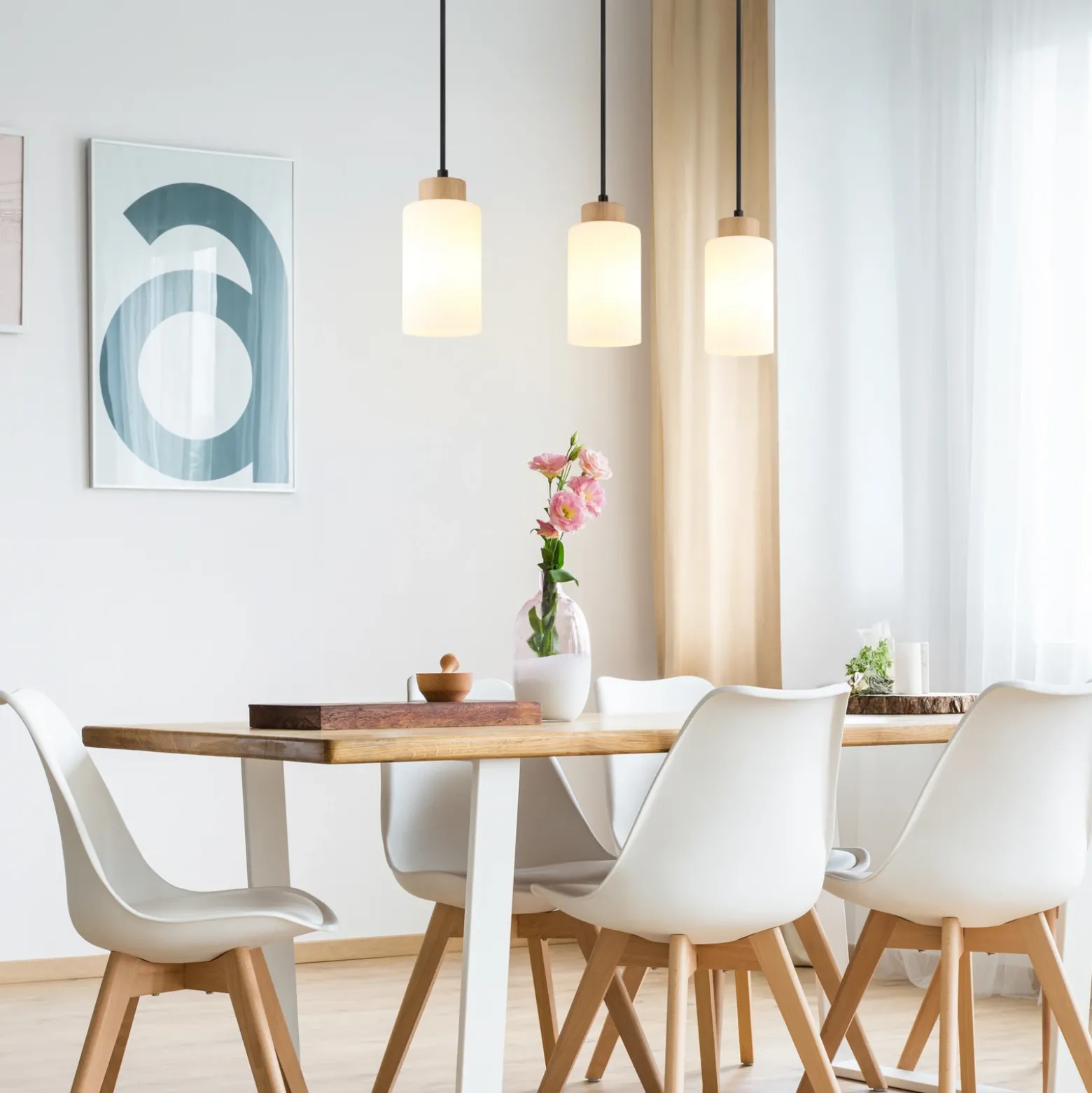 Lámpara colgante Rowena, madera clara/blanca, cristal, 3 luces, E27