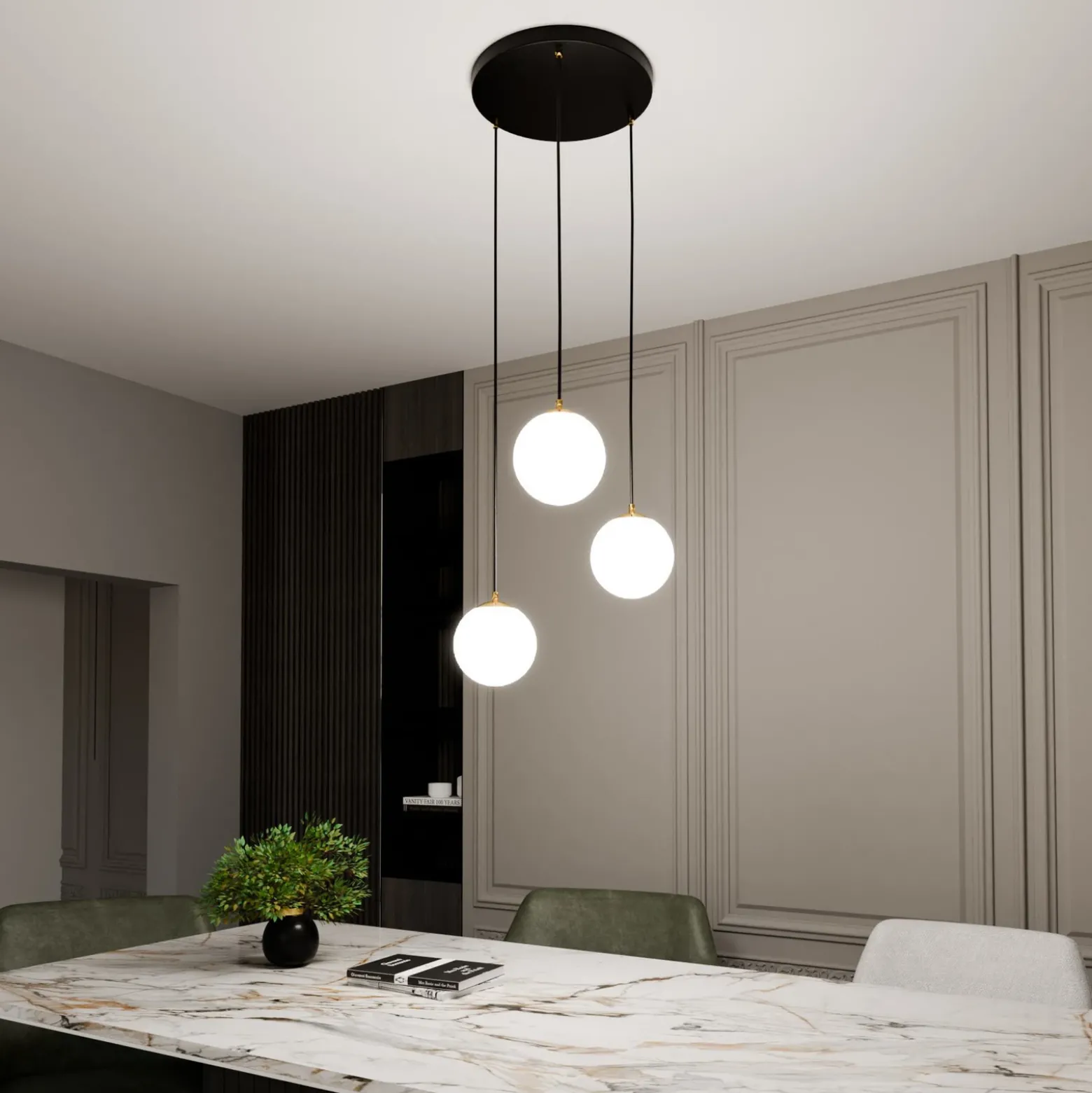 Lámpara colgante Royal, 3 luces, blanco opalino/negro, cristal, E14