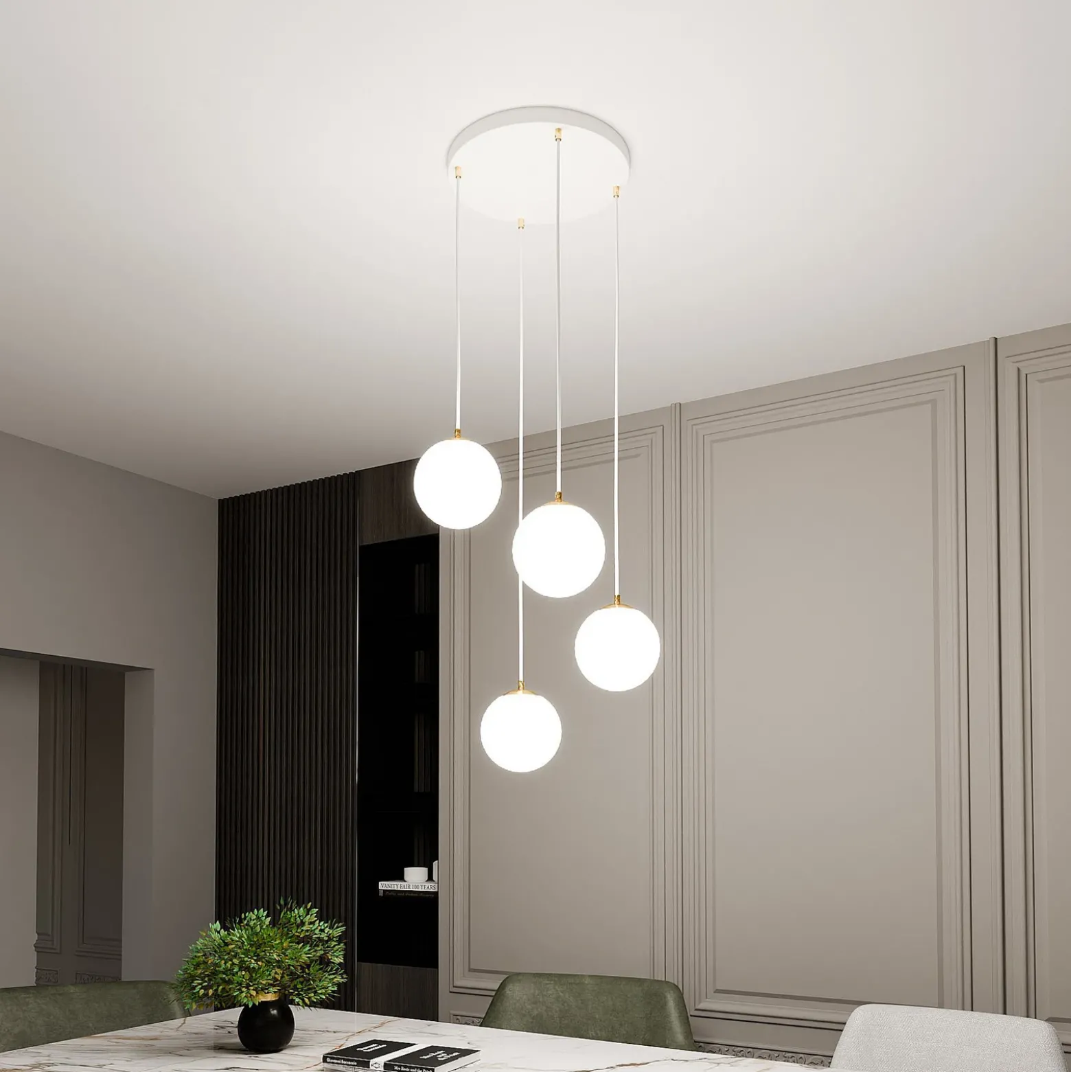 Lámpara colgante Royal, 4 luces, blanco opalino/blanco, cristal, E14