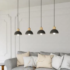 Lámpara colgante Seco, longitud 90 cm, negra, metal/madera, 4 luces.