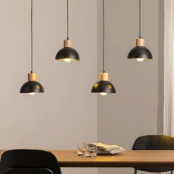 Lámpara colgante Seco, longitud 90 cm, negra, metal/madera, 4 luces.