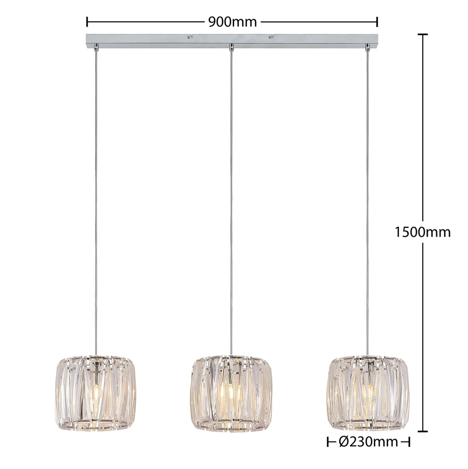 Lámpara colgante Sofia de Lindby, 107 cm, 3 luces, E14, cromo/claro