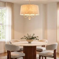 Lámpara colgante Sofia Ecrie, beige/dorado, tela, acero, E27
