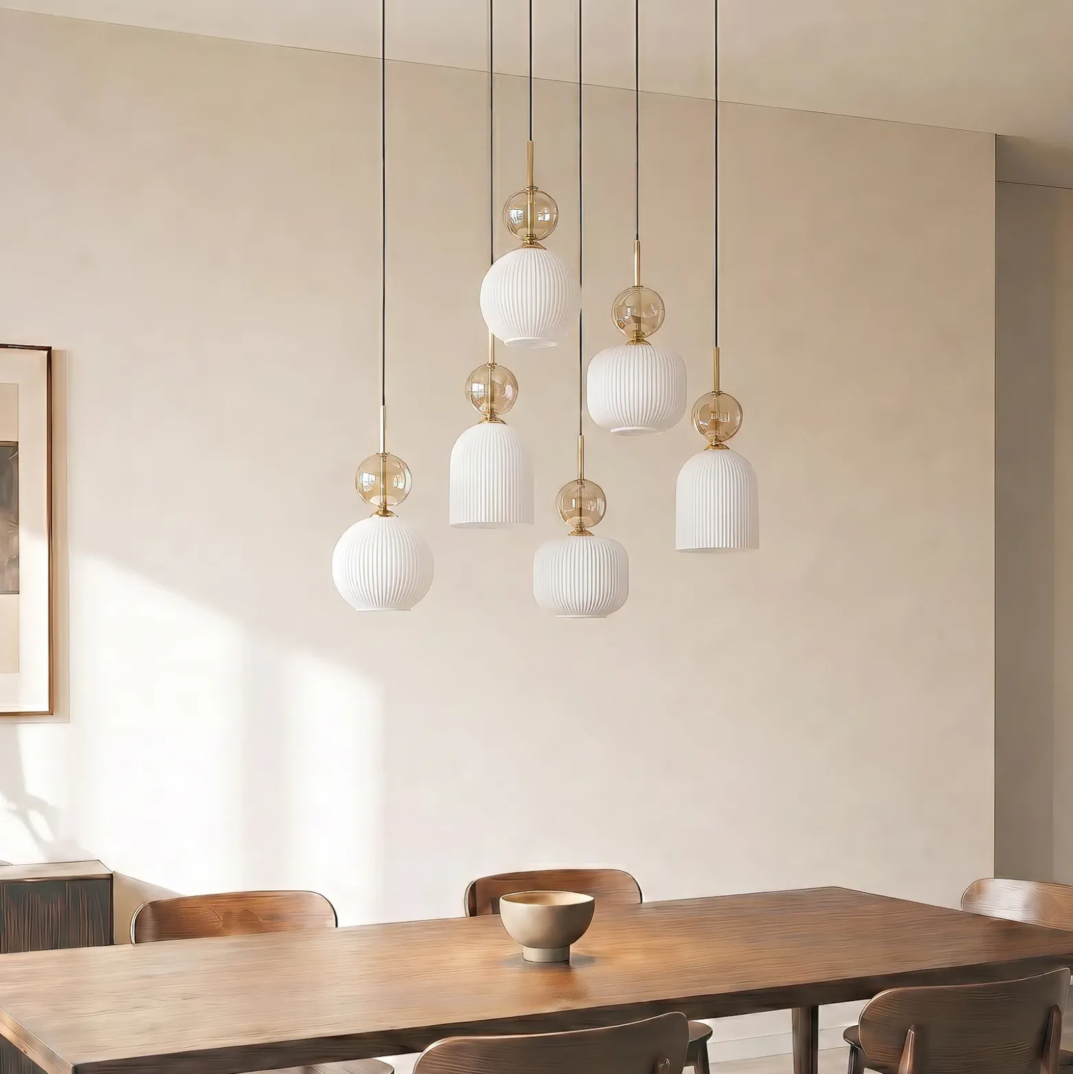 Lámpara colgante Sophia, 6 luces, blanco/coñac, 65 cm de largo, E14