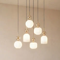 Lámpara colgante Sophia, 6 luces, blanco/coñac, 65 cm de largo, E14